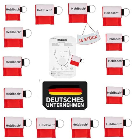 Heldbach® Beatmungsmaske Erste Hilfe Schlüsselanhänger – 15 Stück CPR Beatmungstuch mit Einweg-Ventil & Ohrschlaufen – Rot, latexfrei, einweg – Mund-zu-Mund Beatmung Schutz für Notfälle & Training