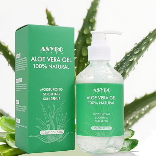 ASYBO Gel d'aloe vera 300 ml - 100 % pur aloe vera pour le visage, le corps, les cheveux, apaisant et nourrissant - Crème à l'aloe vera hydratante pour peaux sèches, coups de soleil, acné, lotion