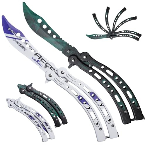 LEKEFETO 2 Stück CSGO Butterfly Trainer: Butterfly Messer zum Üben Ungeschärfte Klinge, Butterfly Kamm Edelstahl für Trainingsmesser AnfäNger-Der Flipping Tricks üBt (Weiß + Schwarz)