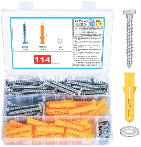 114 Stück Beton Dübel Schrauben Set: 38 Schwerlastdübel M10x50mm & 38 Stück Beton Schrauben M8x60mm & 38 M8 Unterlegscheiben, Sechskantschrauben und Dübel Set, Langschaftdübel Spreizdübelset