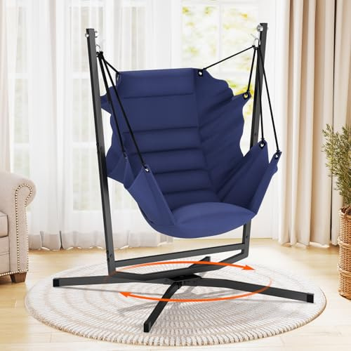 Hängesessel mit Gestell, 180kg Traglast, Hängestuhl 360° Drehung, Hängeschaukel Indoor-Outdoor mit Kissen & Montage-Set, Hängestuhl für Schlafzimmer, Terrasse, Deck, Garten, Balkon, (Marineblau)