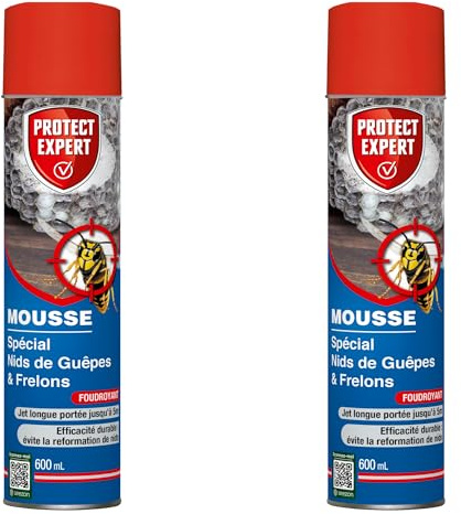 PROTECT EXPERT 2 Aérosols Anti-Guêpes & Frelons - Mousse - 2x600ml | Jet Longue Portée - Traitement à Distance - Pulvérisation Jusqu'à 3m - Action Choc & Foudroyante - GUEPMOUS600NX2