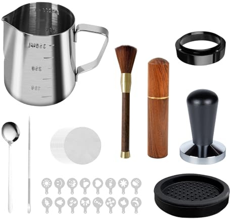 duisoad 25 Pieces Coffee Tamper Set Espresso Accessories Milk Jug, Latte Art Pen,Tamper Mat, Coffee Stencils, Tamper Hammer, Dosing Funnel Ring, Tamper Needle, Brush