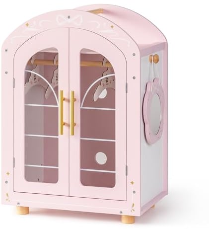 ROBUD Puppenschrank Holz mit Spiegel, Puppenmöbel Puppen Kleiderschrank für 43-45 cm Puppen, Puppenhaus Möbel mit Kleiderstange & Regalen, Puppenkleiderschrank Puppenzubehör für Mädchen ab 3 Jahren