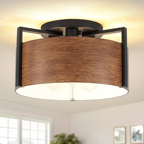 ASHUAQI Deckenlampe Schwarz mit Holzoptik Ø38 cm, 3‑flammige Deckenleuchte Wohnzimmer, Moderne Deckenlampe Rund im Industrial Design, Lampe für Schlafzimmer Flur Küche Esszimmer, E27 Wohnzimmerlampe