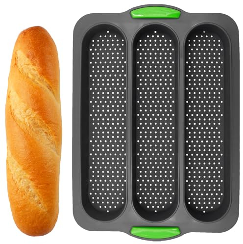 Vidoxdu Baguette Baking Tray, 3 Cavity Silicone French Bread Pan Non-Stick Baguette Mould Perforated for Baking Loaves, French Breads, Bread Rolls, Breadstick