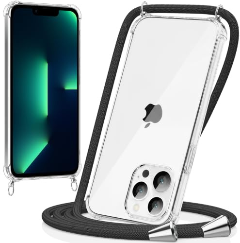 caslord Handyband kompatibel mit iPhone 13 Pro Max | Transparent Hülle mit Handykordel | Handyhülle für zum Umhängen | für Sport Reisen Partys Einkäufe Babypflege | Schwarz