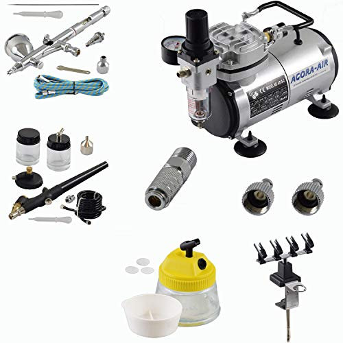 Agora-Tec® Airbrush Komplett-Set EXPERT V.3, inkl. Kompressor mit 4 bar und 20l/min + 2 Airbrushpistolen mit 0,2 & 0,3 & 0,8mm Nadeln/Düsen + 2-Schnellkupplungen + 4fach-Halter + Clean-Pot + 1 Schlauch + Adapter