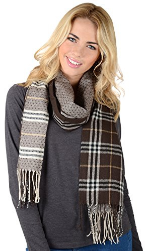 Womens Scarf Long Soft Woven Checked Design Twist Fringe Scottish Hebrides Tweed Pattern Ladies Autumn Winter Fashion