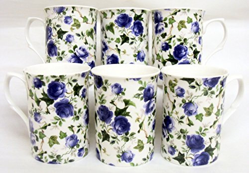 fromeuropewithlove Ivy Rose Mugs Set of Six Fine Bone China Blue Roses Flowers Mugs Hand Decorated in the UK Free UK Delivery