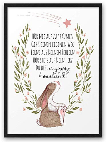 HASE HÖR NIE AUF TRÄUMEN | ABOUKI Kunstdruck | Bilder Kinderzimmer Deko Poster Kinderzimmer Bilder Jungen Mädchen Wandbilder Babyzimmer Kinder Kinderbilder Tierbilder | Optional Personalisiert