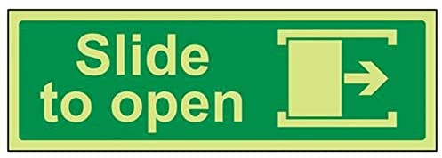 V Safety Glow In The Dark Slide To Open (Right) Door Sign - 300mm x 100mm - Self Adhesive Vinyl