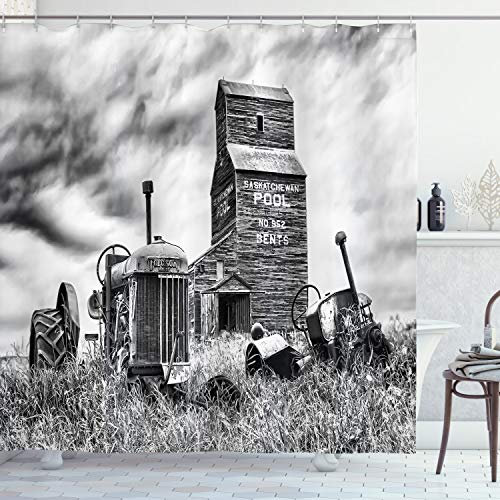 ABAKUHAUS Industriel Rideau de Douche, Old Vintage 60 Tracteur, Tissu Ensemble de Décor de Salle de Bain avec Crochets, 175 cm x 240 cm, Gris