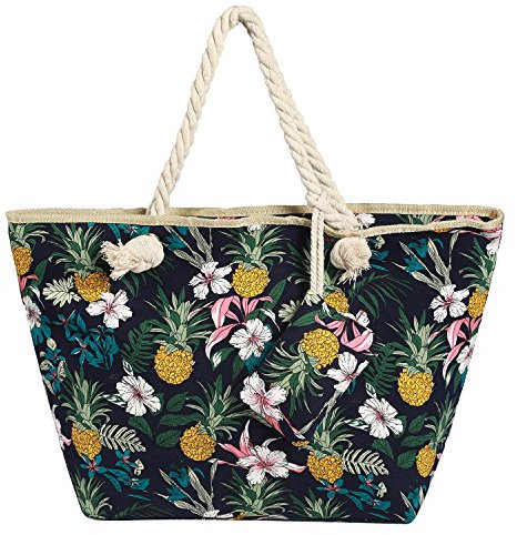 DonDon Strandtasche mit Reißverschluss, Große Strandtasche XXL, Shopper Tasche Damen - Praktische Beach bag Umhängetasche Damen Badetasche für Strand und Meer - Blumen und Ananas