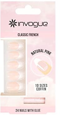 Invogue Coffin Natural Pink False Nails With Glue 24 Pack