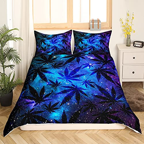 Loussiesd Cannabis Galaxis Bettwäsche Set Marihuana Blätter Bettwäsche 155x220cm Universum Raum Sternenhimmel Bettbezug Set für Kinder Erwachsene Trippy Unkrautblatt Botanisch Dekor Betten Set