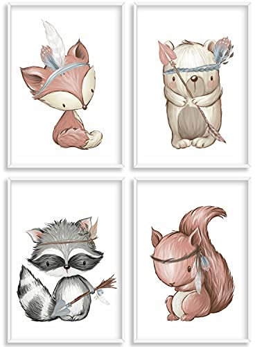 HappyArts® | Kinderzimmer Bilder A4 Poster 4er Set Deko Mädchen Junge Babyzimmer | Aquarell Waldtiere Waldfreunde Bär Boho Fuchs OHNE RAHMEN