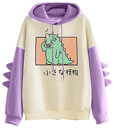 MMOOVV Felpa con cappuccio da donna, patchwork, graziosa stampa di dinosauri in stile cartone animato, a maniche lunghe, con punte di dinosauro Kawaii, felpa con cappuccio casual con coulisse (viola,