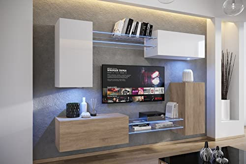 Furnitech Wohnwand Wohnzimmer | Wohnzimmer Möbel mit LED RGB - 16 Farben | Hängend Wohnwand Modern | Wohnzimmer Schrankwand mit Regale und TV Schrank (AN57N-21WS-HGM34-1B)