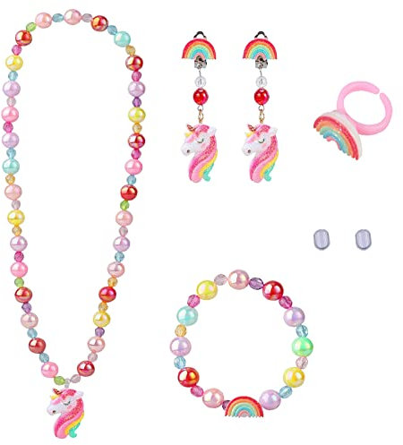 Einhorn Bunt Kinderschmuck, Einhorn Schmuckset für Kinder, Kinderschmuck, Einhorn Armband Halsketten Ringe, Schmuck Spielzeug Set für Mädchen, Geburtstagsgeschenke und Kleidungsaccessoires für Mädchen