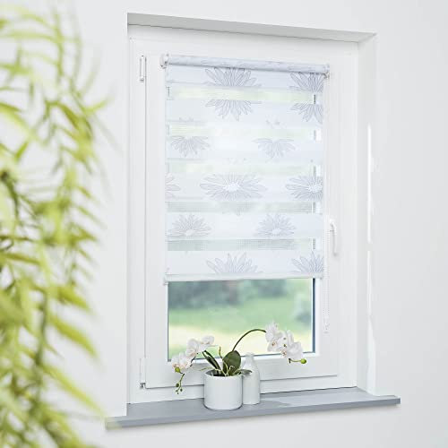 DECOLIA by Garesa Duo Rollo - Doppelrollo Klemmfix ohne Bohren 65 x 150 cm, Weiß/Grau Blüten Motiv - Fenster Sichtschutz und Lichtschutz, Mit Kettenzug