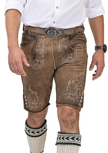 Lederhose Herren kurz - Original Wildbockleder Trachtenlederhose inkl. Trachtengürtel - Vintage Trachtenhose Leon (58)