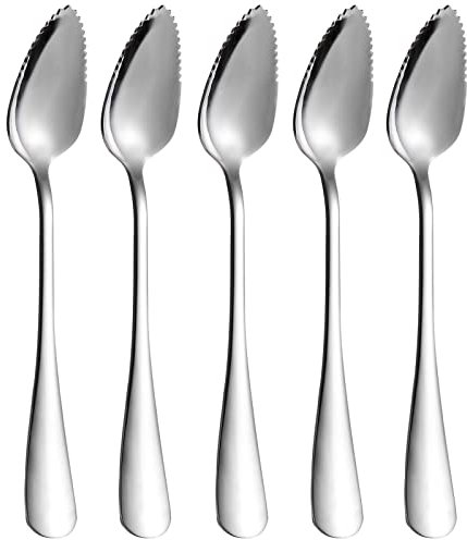5 PCS Grapefruit Spoons, Stainless Steel Grapefruit Spoon Utensil Set, Serrated Edge & Thick Gauge Handle, Silver Kitchen Tool with Non-Stick Plating for Kiwi, Dessert, Apple, Citrus Fruit