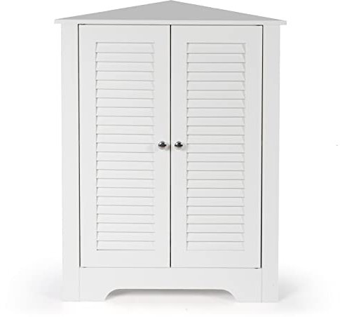 GOPLUS Eck-Badezimmerschrank, Badschrank mit Lamellentüren, offenem Fach & verstellbaren Ablagen, Bodenschrank Eckschrank Bad Beistellschrank für Wohnzimmer & Badezimmer, 45 x 45 x 81,5cm (Weiß)