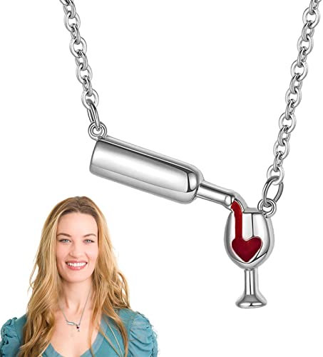 BOMBKI Bouteille en Verre De Vin Pendentif Collier, Bouteille de Vin Ccollier Pendentif pour Les Filles, pour Femmes Filles Aiment Le Vin De Coeur Collier (Argent)