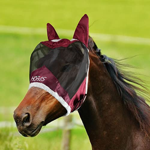Horses,Fliegenohren Fly Shield Pro, Leichte und Atmungsaktive Fliegenmaske, Behindert Nicht das Sichtfeld des Pferdes, Augen und Gehörschutz (XL, Bordeaux)