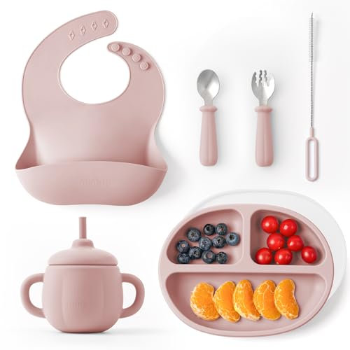 Mineto, Coffret Repas Bebe Design, 6 Pièces : Assiette Bebe Ventouse Antidérapante, Bavoir Silicone Bebe Souple, Set Vaisselle Bebe DME, Sans BPA pour Sécurité & Confort, Rose