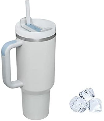 Sharksfin Tumbler with Straw Lid and Handle, 40oz/30oz Stainless Steel Coffee Travel Insulated Cup Mug, Leak Proof Vacuum Water Bottle, BPA Free Mug for Hot Iced Drink, Sky Blue White 40oz