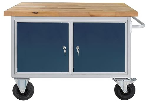 PROREGAL Mobile Werkbank Rhino mit 2 Türen | HxBxT 83x130x60cm | Traglast 500kg | Lichtgrau/Anthrazitgrau | Werkstatttisch Werktisch Packtisch Arbeitstisch