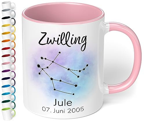 Sternzeichen Tasse mit Namen, Datum und 12 Sternenbilder personalisiert – 330ml Keramik Kaffeebecher, kleine Geschenke für Kollegen Frauen Männer Büro Geburtstag Weihnachten (Rosa)