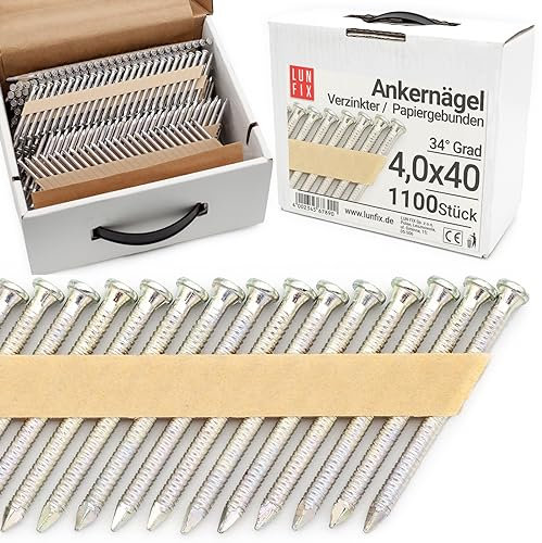 Lun Fix 34° Grad Ankernägel 4,0 x 40 mm | Packung 1100 Stück | Akku-Nagler |Gasnagler| Papiergebunden | für Druckluftnagler | Verzinkt.