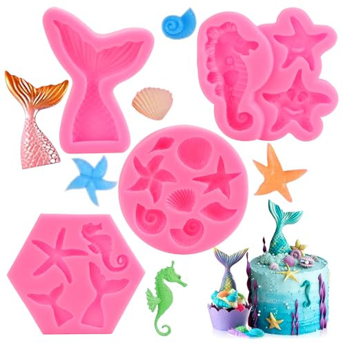 GOTRUST 4PCS Silikonform Meerjungfrau Fondant Form, 3D Ozean Tier Silikon Backformen, DIY Meerestiere Silikon Formen, Muschel Seestern Silikonformen für Kuchen, Schokolade, SüßIgkeiten