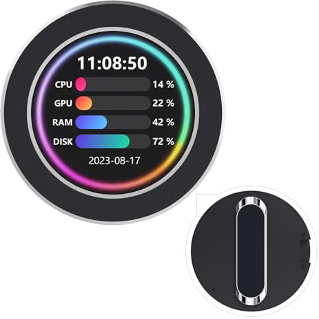 Waveshare 2.1inch USB Monitor Round IPS Panel Water Cooler Screen/PC Case Secondary Screen/Desktop RGB Ambient Screen, 480×480 Resolution, Music Spectrum Analysis Function, CNC Black Metal Case