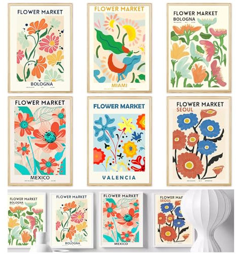 HEKOBAG Flower Market Poster, 6 Stück Blumen-Wandpostern 30 x 21 cm Stilvolles Blumen Bilder A4 Poster Flower Kunstdrucke Blumenposter für Wohnzimmer Minimalistische Blumen Poster