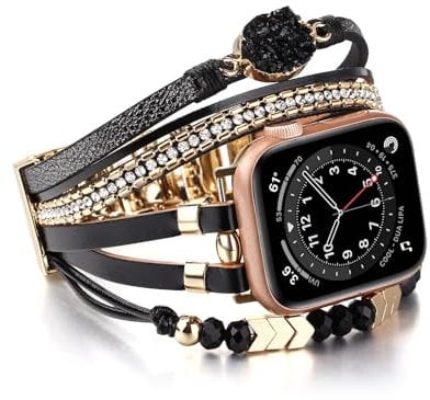 Wingoden Posh Leather Band Compatible with Apple Watch Band Bracelet 38mm 40mm 41mm for Women Men - Wrap Boho Apple Watch Strap for iWatch Band Series 9 8 SE 7 6 5 4 3 2 1 Ultra 2, Black Stone