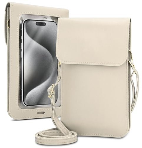 Cadorabo Handytasche zum Umhängen universal -alle Smartphones bis Größe 7 Zoll maximal- kleine Handtasche mit Handyfach und Sichtfenster, Handy Umhängetasche mini, 2 Fächer, Touch, PU Leder, Weiss