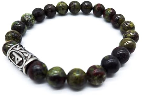 Wikinger Futhark Rune Edelstein Armband (18/21 cm, Damen/Herren) in Geschenkbox | Schutz Glück Energie (18, Rune WUNJO Drachen Blut Jaspis | Glück Liebe Trost)