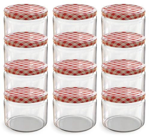 Oputec 12 x 282 ml Einmachgläser mit Schraubdeckel rot kariert – Perfekt für Marmeladen, Konfitüren und mehr, kleine Gläser mit Deckel, ideal als Marmeladengläser und Dip-Schraubgläser