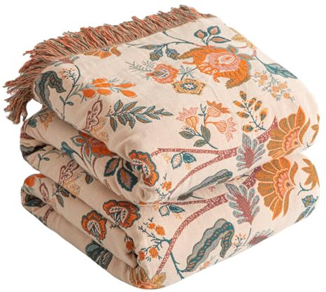 SESoftexly Boho Decke 100% Baumwolle – Doppelseitige Musselin Tagesdecke 150x200cm, Kuschelige Sofadecke & Bettüberwurf, Aesthetic Design, Ideal für Wohnzimmer & Schlafzimmer, Orange/Grün
