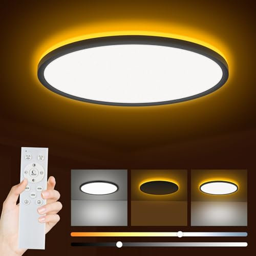 Bowfar LED Deckenleuchte, 24W 2800LM Deckenlampe mit Fernbedienung Dimmbar 3000K-6500K, 1800K Nachtlicht Amber, Rund Badezimmer Lampe für Wohnzimmer Kinderzimmer Schlafzimmer Ø29.5x2.5cm, Schwarz