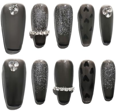 Sun&Beam Nails Handgefertigte Kunstnägel Lang Sargform Ballerina Nägel zum Aufkleben in Schwarz Silber Strass Herz Modisch Design mit Klebepads 10 Stück (#170 XS)