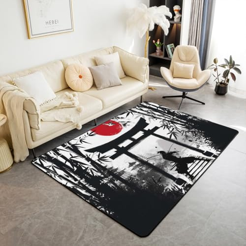 Loussiesd Kinder Samurai Teppich 150x200cm Jungen Mädchen Rot Sonnenuntergang Küchenteppich Japan Japanischer Stil Modern Teppich Tinte und Waschen Bambus Wohnzimmerteppich