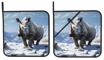 An Ice Age Weißes Nashorn Quadratische Isolierte Topflappen (Set mit 2 Stück) Hitzebeständige Ofenhandschuhe, rutschfest, leicht zu reinigen, Mikrowellenhandschuhe zum Backen und Grillen