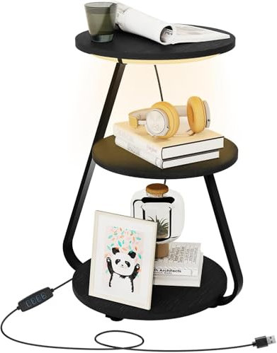 ARTETHYS Side Table, Small Round Coffee Table with 3 Color LED Lights, End Table with 3 Tier Storage Shelves, Bedside Sofa Side Tables for Living Room Bedroom, Black