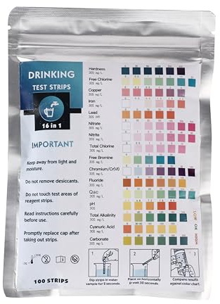 VED Wassertest-Kits für Trinkwasser 100 Streifen - 16 in 1 Trinkwasser-Test-Kit - Wasserteststreifen mit Härte, Freies Chlor, Kupfer, Eisen, Blei, Nitrat, Nitrit, Gesamtchlor, Chrom,