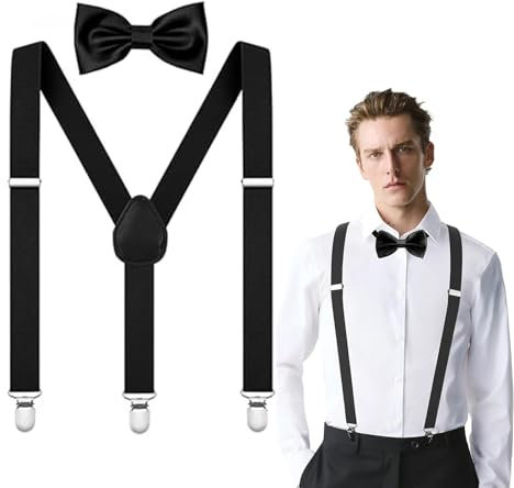 2er Set Herren Hosenträger, Schwarze Fliege Herren, Y-förmiger Schmaler mit Starken Clips Hosenträger Elastisch und Verstellbar Im mit farblich passender Fliege 12 x 6 CM, Einheitsgröße